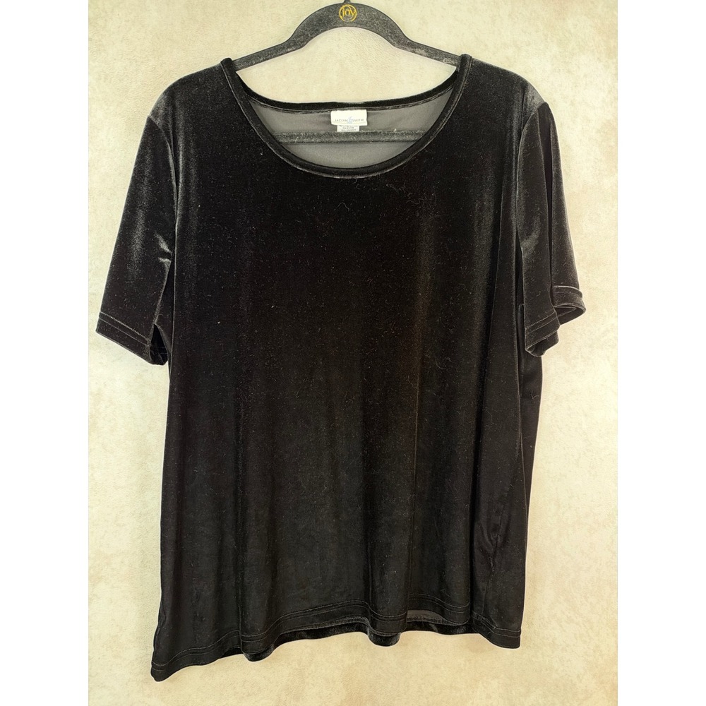 Jaclyn Smith Top Women XXL Black Velvet Scoop Neck Short Sleeve Stretch Basic